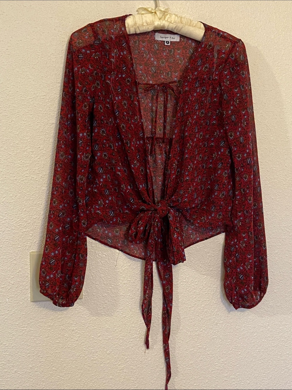 Harper & Me  Red Floral Tie-Front Sheer Blouse with Long Sleeves Button Missing